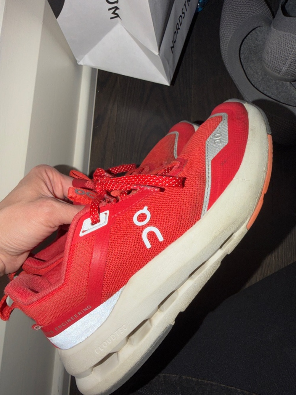 On Running Kids Red and White Cloudtec Sneakers